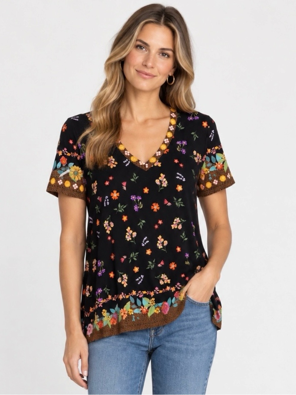 Johnny Was Black The Janie Favorite V-Neck Short Sleeve Swing Tee Women’s XXS